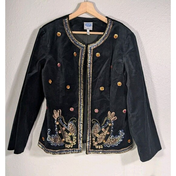 NWT DG2 Diane Gilman Sz M Velvet Jacket Paisley Sequin Beaded Black Evening n94